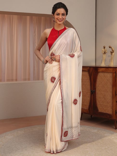 Libas Womens Cream Regular Fit Solid Chiffon Saree With Unstitched Blouse-picture-26