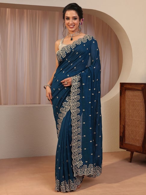 Libas Womens Blue Regular Fit Floral Silk Blend Saree With Unstitched Blouse-picture-31