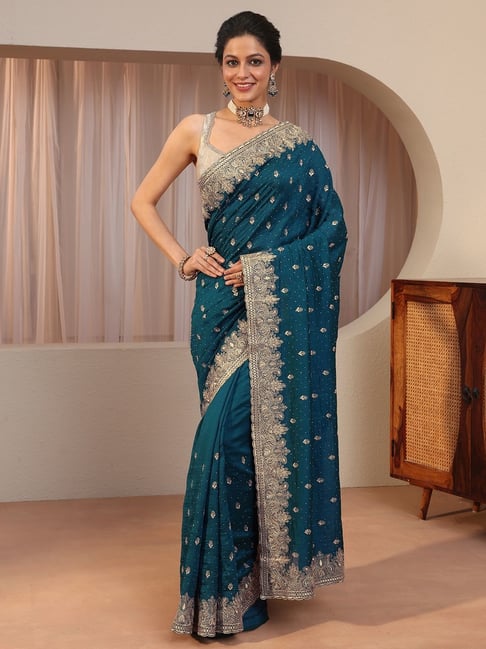 Libas Womens Blue Regular Fit Ethnic Motifs Silk Blend Saree With Unstitched Blouse-picture-32