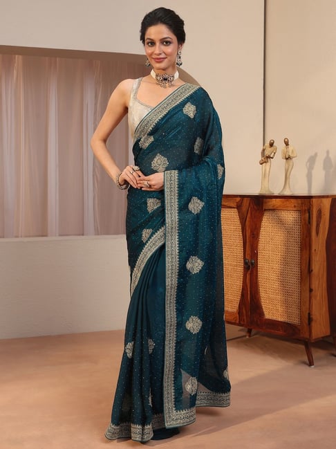 Libas Womens Teal Regular Fit Ethnic Motifs Tissue Saree With Unstitched Blouse-image-46