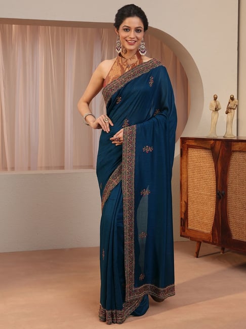 Libas Womens Blue Regular Fit Floral Silk Blend Saree With Unstitched Blouse-picture-17