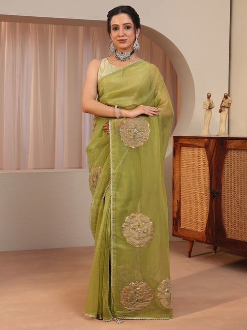 Libas Womens Green Regular Fit Geometric Tissue Saree With Unstitched Blouse-image-19