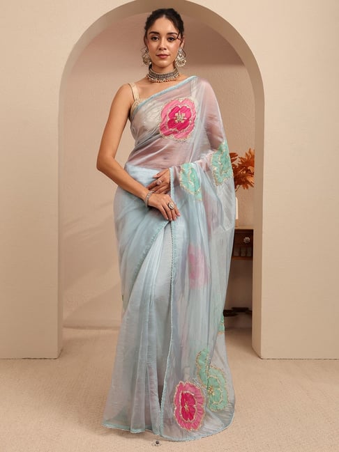 Libas Womens Blue Regular Fit Floral Organza Saree With Unstitched Blouse-picture-38