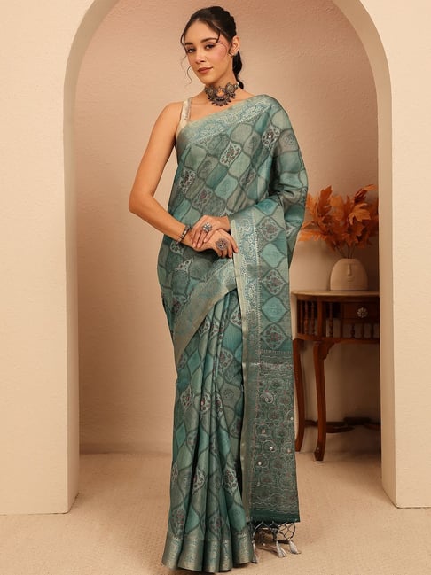 Libas Womens Blue Regular Fit Floral Silk Blend Saree With Unstitched Blouse-picture-39