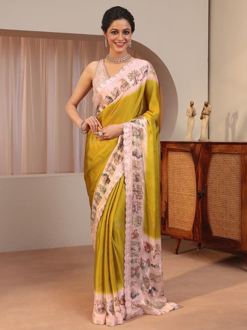 Libas Womens Mustard Regular Fit Ethnic Motifs Chiffon Saree With Unstitched Blouse-picture-20