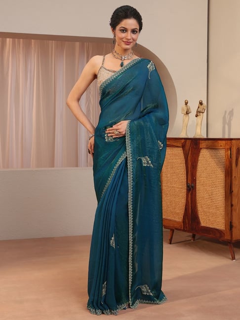 Libas Womens Blue Regular Fit Solid Tissue Saree With Unstitched Blouse-picture-37