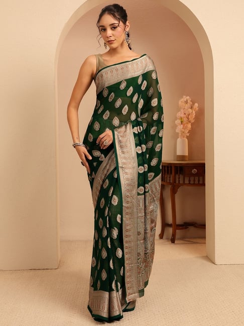 Libas Womens Green Regular Fit Ethnic Motifs Chiffon Saree With Unstitched Blouse-picture-22