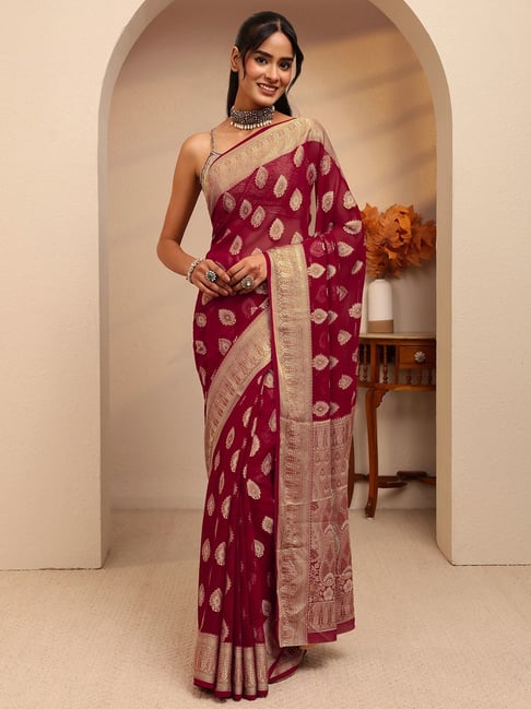 Libas Womens Maroon Regular Fit Ethnic Motifs Chiffon Saree With Unstitched Blouse-picture-20