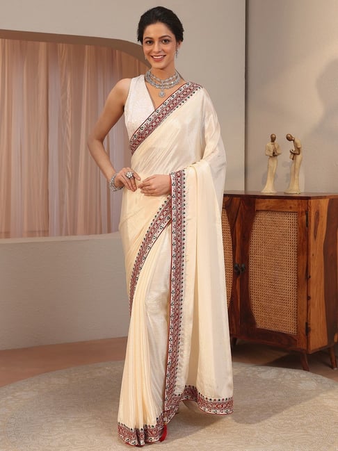 Libas Womens Cream Regular Fit Solid Chiffon Saree With Unstitched Blouse-picture-24