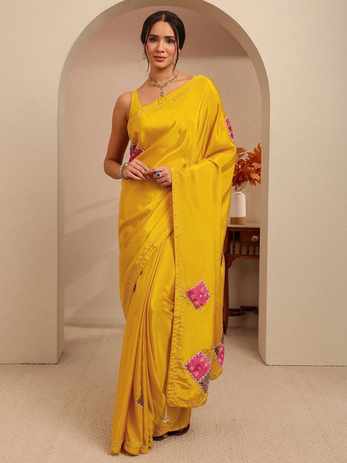 Libas Womens Mustard Regular Fit Floral Satin Saree With Unstitched Blouse-picture-44