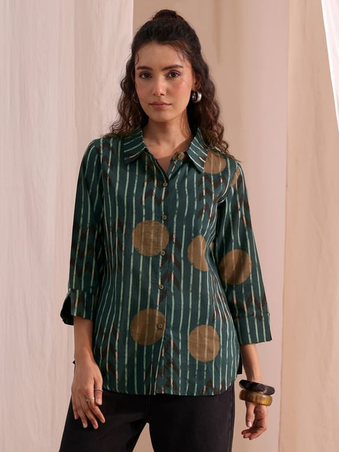 Libas Women's Green Regular Fit Striped Cotton Shirt-picture-40