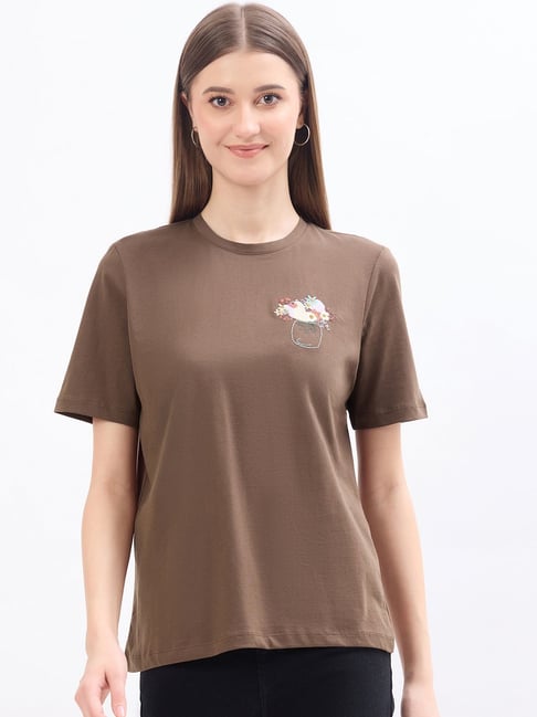 MADAME Coffee Cotton Regular Fit Graphic T-Shirt
