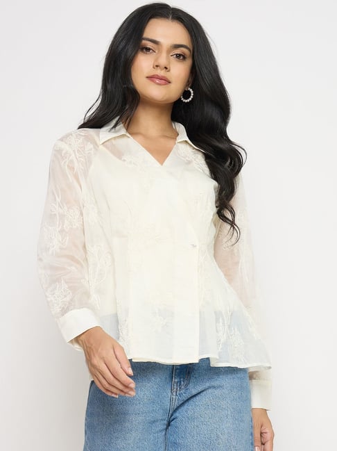 MADAME Off White Regular Fit Embroidered Shirt-picture-21