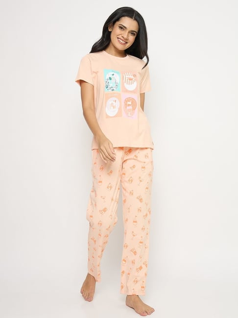 Madame M Secret Peach Cotton Regular Fit Graphic Pyjama Set
