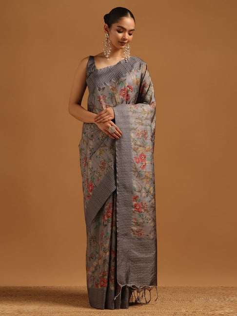 Soch Women's Grey Regular Fit Floral Art Silk Saree With Unstitched Blouse-picture-43