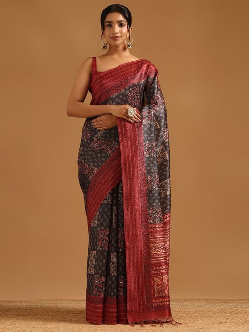 Soch Women's Grey Regular Fit Printed Art Silk Saree With Unstitched Blouse-picture-40