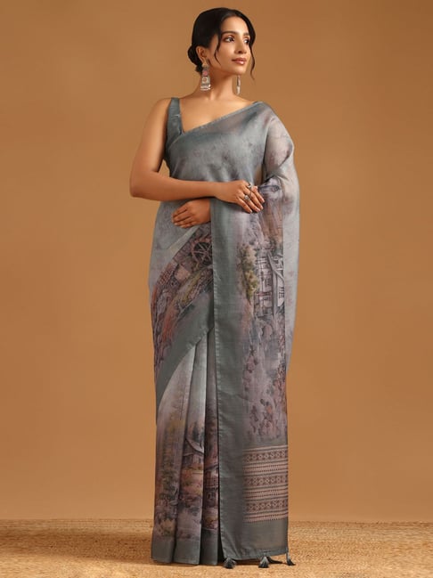 Soch Women's Grey Regular Fit Printed Chanderi Saree With Unstitched Blouse-picture-42