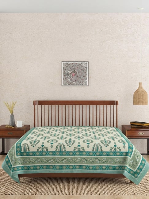 Fabindia Teal Barkha Printed Cotton Bed Cover-picture-17