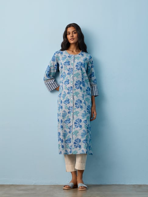 Utsa by Westside Blue Floral Printed Cotton-Blend Straight Kurta-picture-42