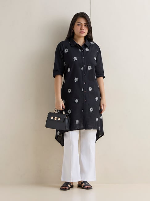 Diza by Westside Black Printed Cotton A-Line Kurta-picture-10