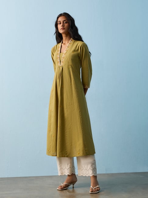 Utsa by Westside Green Geometric Embroidered Cotton-Blend A-Line Kurta-picture-39