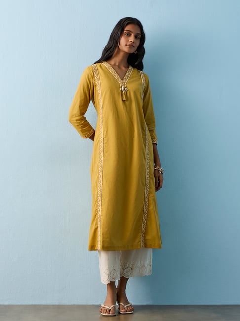 Utsa by Westside Yellow Geometric Embroidered Cotton A-Line Kurta-picture-31