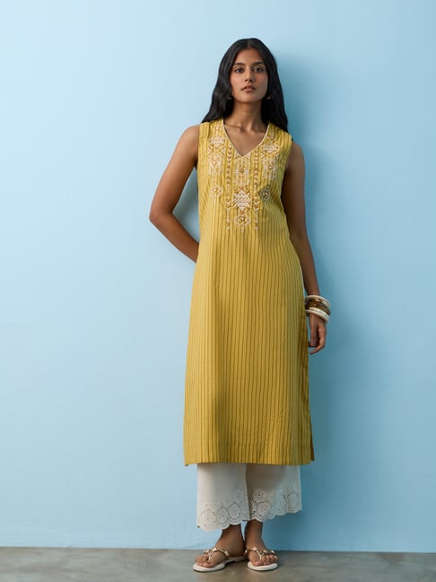 Utsa by Westside Yellow Embroidered Cotton A-Line Kurta-picture-22