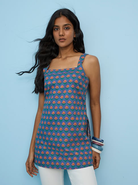 Utsa by Westside Blue Floral Printed Cotton Tunic-picture-10