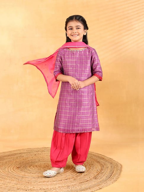 Fabindia Purple Cotton Silk Check 3pc Salwar Set-picture-39