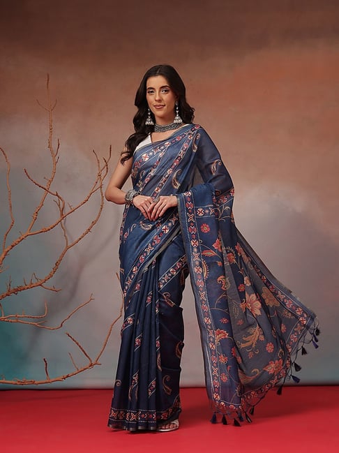 Silk Land Women's Navy Blue Floral Cotton Silk Saree With Unstitched Blouse-picture-35