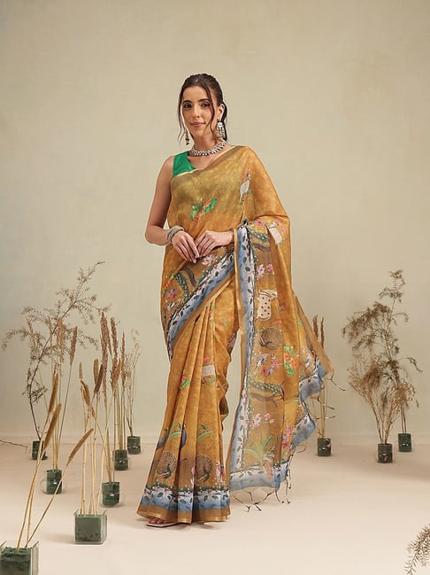 Silk Land Women's Yellow Digital Printed Saree With Unstitched Blouse-picture-31