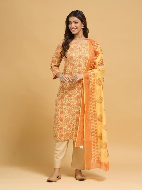 Fabindia Yellow Cotton Printed Kurta Dupatta Set-picture-25