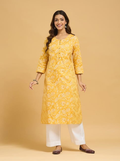 Fabindia Yellow Cotton Printed Slim Fit Kurta Long-picture-18