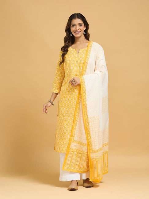 Fabindia Yellow Cotton Printed Kurta Dupatta Set-picture-35