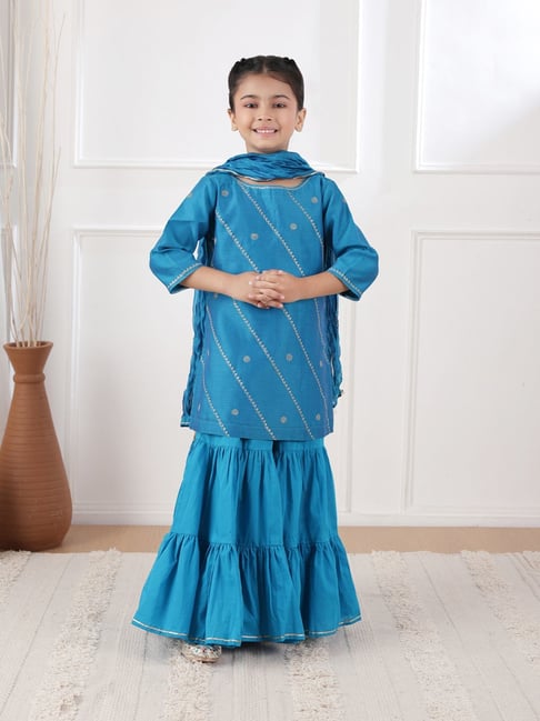 Fabindia Teal Cotton Silk Blend Embroidered 3Pc Garara Set-image-13