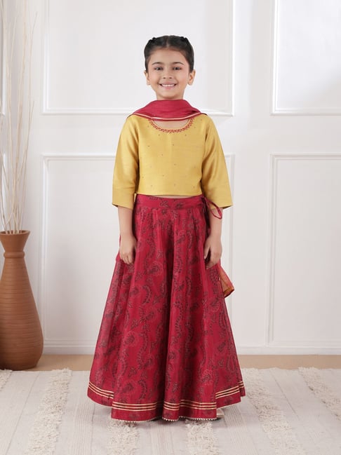Fabindia Magenta & Yellow Cotton Silk Blend Hand Block Printed 3Pc Lehenga Set-image-39