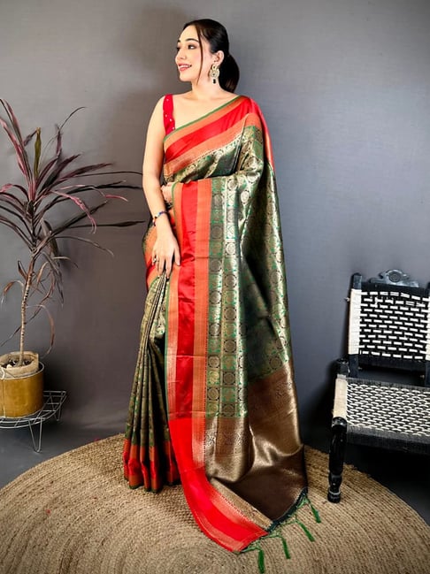 Elora Green & Red Woven Design Saree With Unstitched Blouse-picture-15