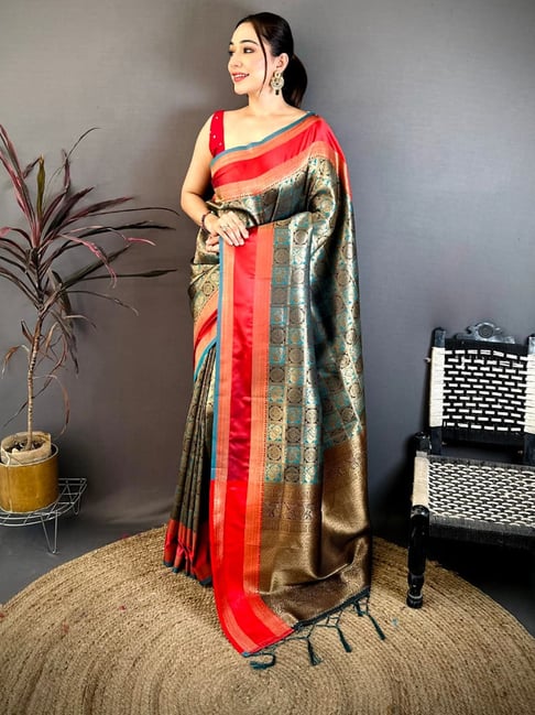 Elora Green & Red Woven Design Saree With Unstitched Blouse-picture-14