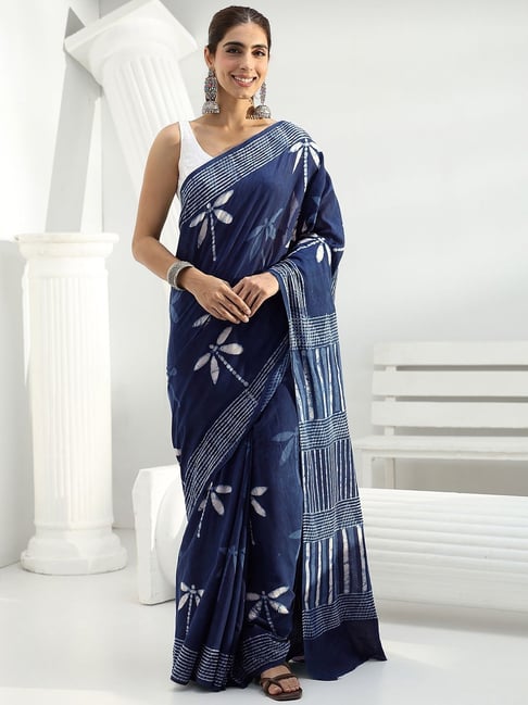 Libas Women's Navy Blue Regular Fit Floral Saree With Unstitched Blouse-picture-25