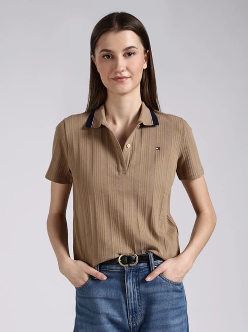 Tommy Hilfiger Brown Striped Regular Fit Polo T-Shirt