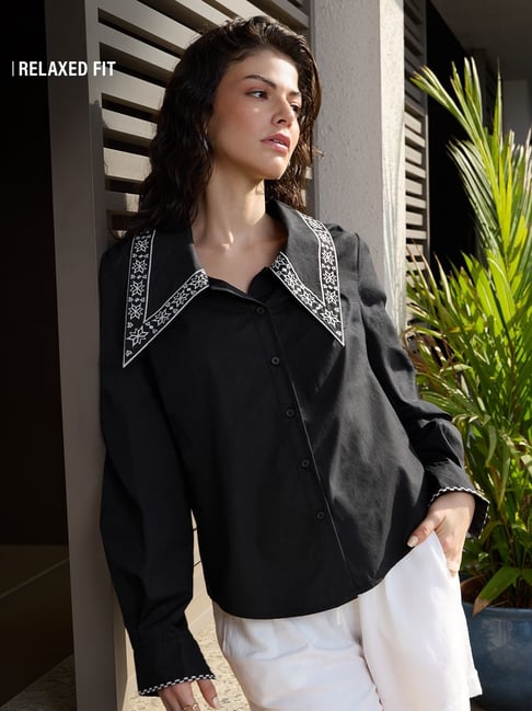 The Souled Store Womens Black Relaxed Fit Embroidered Shirt-picture-20