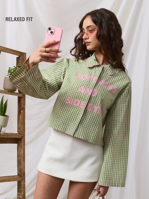 The Souled Store Womens Green Relaxed Fit Checked Cotton Shirt-picture-28