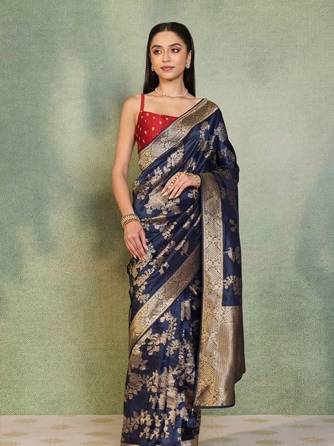 Taneira Dark Blue Woven Design Saree With Unstitched Blouse-picture-37