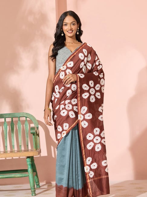 Taneira Grey Printed Saree With Unstitched Blouse-image-47