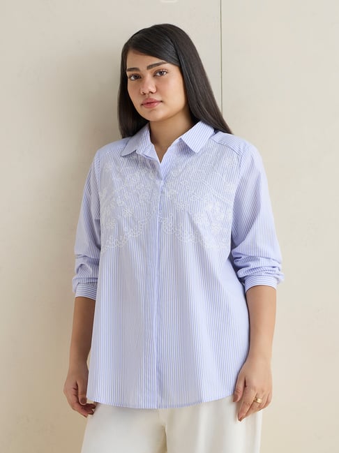 Gia by Westside Blue Striped Cotton Shirt-picture-11