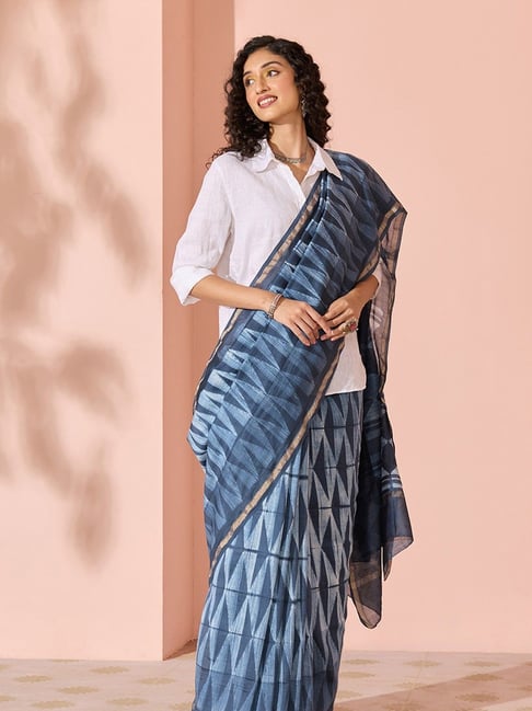Taneira Dark Blue Printed Saree With Unstitched Blouse-picture-31