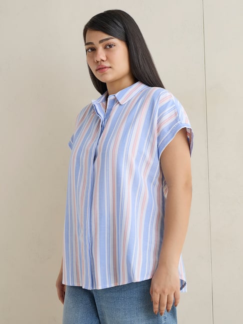 Gia by Westside Pink and Blue Striped Cotton Shirt-picture-46