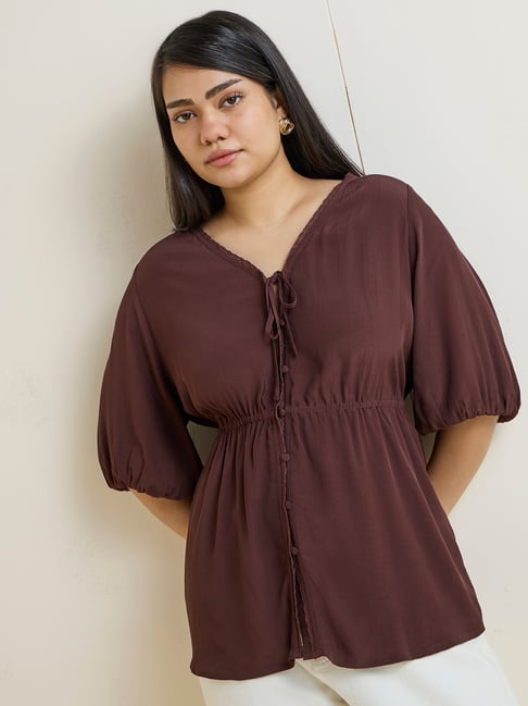 Gia by Westside Dark Brown Solid Peplum Blouse