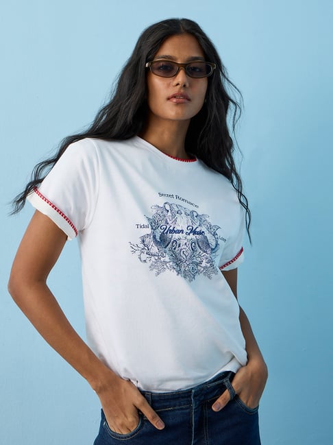 LOV by Westside White Graphic Printed Cotton T-Shirt