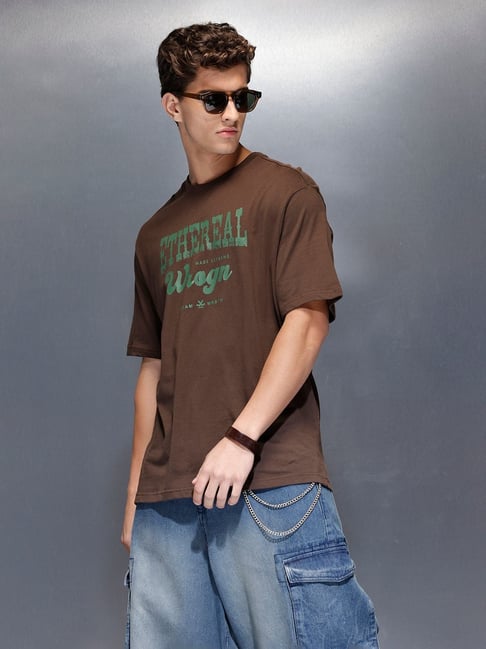 WROGN Mens Brown Oversized Graphic Cotton T Shirt-picture-36